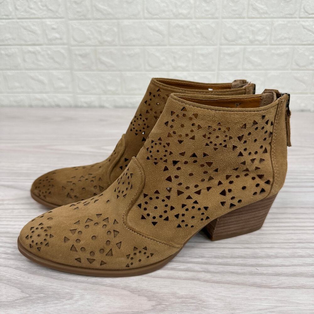 Franco Sarto Booties WMNS 6M Brown Laser Cut Ashlee Ankle Suede Block Heel Boot - Picture 2 of 9